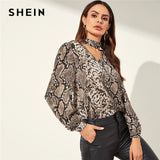 SHEIN Snake Animal Pattern Choker Neck Cut Out Multicolor Top Casual V-neck Long Sleeve Blouse Women Spring Plain Top Blouses