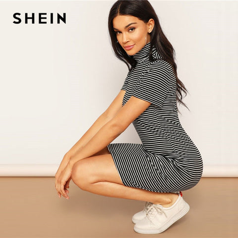 SHEIN Spring High Neck Black and White Striped Mini Pencil Dress Women Casual Fitted Stretchy Short Sleeve T Shirt Dress