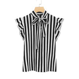 SHEIN Summer Top Elegant Work Women Blouses Cap Sleeve Black and White Tie Neck Butterfly Sleeve Workwear Striped Blouse