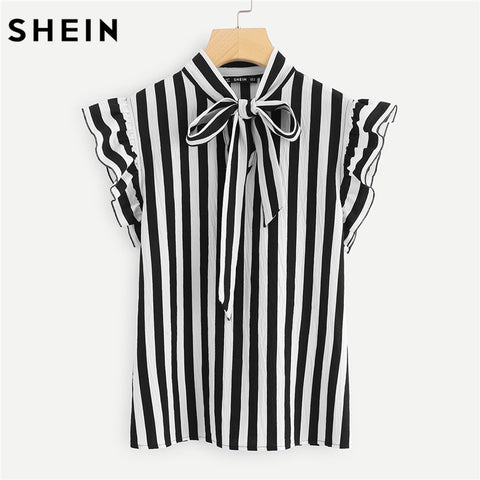 SHEIN Summer Top Elegant Work Women Blouses Cap Sleeve Black and White Tie Neck Butterfly Sleeve Workwear Striped Blouse