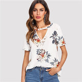 SHEIN V Cut Neck Keyhole Back Floral Top 2018 Summer V Neck Short Sleeve Print Blouse Women White Casual Cut Out Floral Blouse