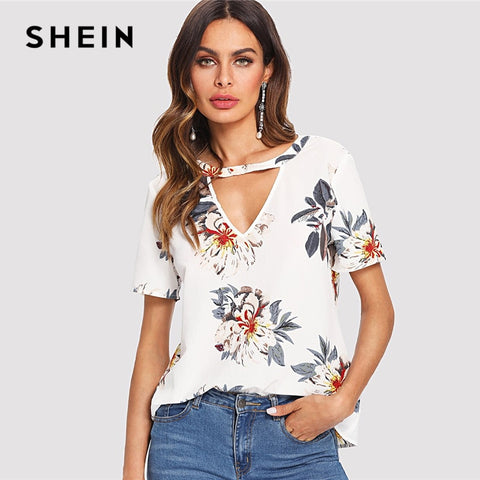 SHEIN V Cut Neck Keyhole Back Floral Top 2018 Summer V Neck Short Sleeve Print Blouse Women White Casual Cut Out Floral Blouse