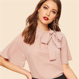 SHEIN Vintage Pink Tie Neck Stand Collar Half Sleeve Raglan Sleeve Solid Top 2019 Spring Elegant Women Tops And Blouses