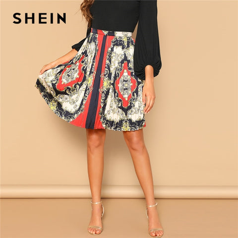SHEIN Vintage Scarf Print Multicolor Zip Detail Mid Waist A Line Mini Pleated Skirt Women 2019 Summer Elegant Workwear Skirts
