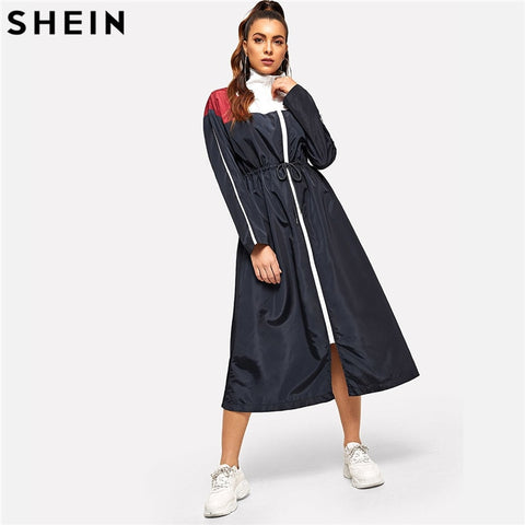SHEIN Weekend Casual Multicolor Waist Drawstring Zip Color Block Dress Solid Stand Collar Dress Women Autumn H Type Dress