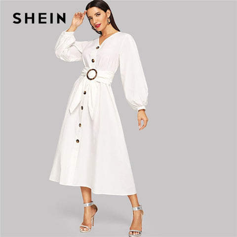 SHEIN White Bishop Sleeve Button Up Self Belted Dress Elegant Fit And Flare V Neck Solid Dress Women Autumn Modern Lady Dresses