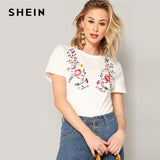SHEIN White Floral Embroidered Short Sleeve Tee 2019 Summer Women Minimalist Round Neck Highstreet Short Sleeve Tshirt Tops