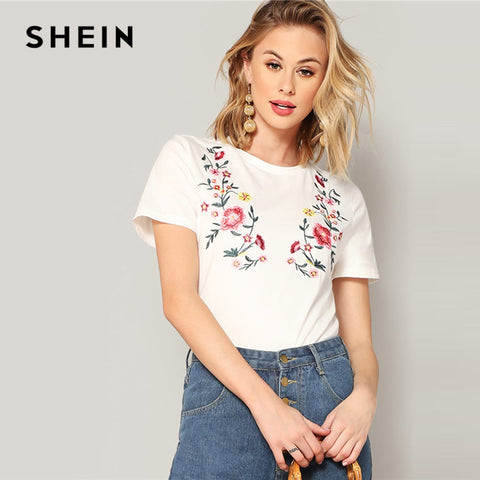 SHEIN White Floral Embroidered Short Sleeve Tee 2019 Summer Women Minimalist Round Neck Highstreet Short Sleeve Tshirt Tops
