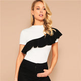 SHEIN White Flounce Trim Two Tone Tee Summer Party T Shirt Women Stand Collar Short Sleeve Slim Fit High Street Tshirt Tops