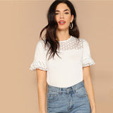 SHEIN White Laser Cut Insert Ruffle Cuff Casual Tee 2019 Summer Casual Women Hollow Out Elegant Minimalist Tshirt Tops