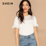 SHEIN White Laser Cut Insert Ruffle Cuff Casual Tee 2019 Summer Casual Women Hollow Out Elegant Minimalist Tshirt Tops