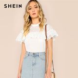 SHEIN White Mock-Neck Ruffle Trim Eyelet Embroidered Top Blouse Women 2019 Spring Stand Collar Flounce Sleeve Top Blouses