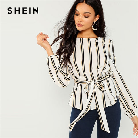 SHEIN White Office Lady Elegant Striped Print Scoop Neck Long Sleeve Blouse 2018 New Autumn Workwear Women Tops And Blouses