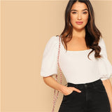 SHEIN White Puff Sleeve Solid Fitted Tee Elegant Square Neck 3/4 Sleeve 2019 Summer Tops Modern Lady Women Plain Casual T-shirt