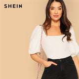 SHEIN White Puff Sleeve Solid Fitted Tee Elegant Square Neck 3/4 Sleeve 2019 Summer Tops Modern Lady Women Plain Casual T-shirt