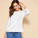 SHEIN White Ruffle Trim Peplum Long Sleeve Solid Top Blouse 2019 Women Spring Casual Minimalist Sweet Tops and Blouses