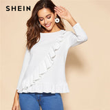 SHEIN White Ruffle Trim Peplum Long Sleeve Solid Top Blouse 2019 Women Spring Casual Minimalist Sweet Tops and Blouses