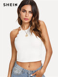 SHEIN White Scallop Trim Halter Stretchy Top Women Button Plain Clothing Crop Top Vest 2018 Summer New Female Sexy Party Vest