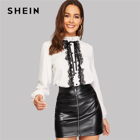 SHEIN White Tie Neck Buttoned Lace Trim Keyhole Back Blouse Elegant Frill Stand Collar Long Sleeve Tops Women 2019 Plain Blouses