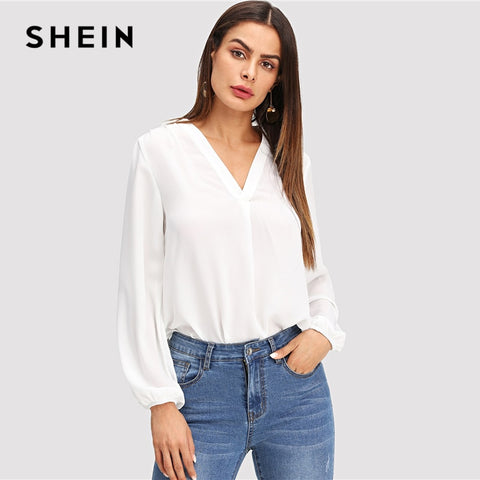 SHEIN White V Neck Plain Top Workwear Modern Lady Pullovers Long Sleeve Blouse 2018 Fall Bohemian OL Work Elegant Blouses