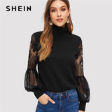 SHEIN Women Black High Neck Lace Lantern Sleeve Top Fashion Mesh Blouse Women's Long Sleeve Pattern Printing Ladies Tops