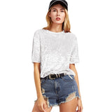 SHEIN Women Casual T-shirts Summer 2017 Ladies Tops White Short Sleeve Crushed Velvet T-shirt Round Neck Woman T shirt Top