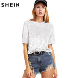 SHEIN Women Casual T-shirts Summer 2017 Ladies Tops White Short Sleeve Crushed Velvet T-shirt Round Neck Woman T shirt Top