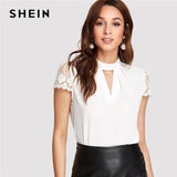 SHEIN Workwear Elegant Office Lady  Short Sleeve V Cut Neck Contrast Lace Sleeve Womens Tops and Blouses 2018 Summer Blouse
