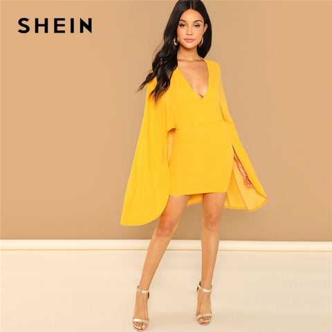 SHEIN Yellow Going Out Surplice Neck Cloak Sleeve Cape Sleeve Wrap Bodycon Slim Dress Women Autumn Elegant Mini Dresses
