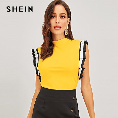 SHEIN Yellow Mock Neck Striped Pleated Ruffle Armhole Top Women Stand Collar Sleeveless T-shirt Ladies Spring Stretchy Tees