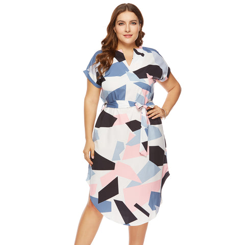 Wipalo Plus Size Elegant Women Summer V Neck Beach Tunic Long Dresses Geometric Color Block Print Sexy Bohemian Sashes Vestidos