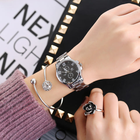 Women Fashion Stainless Steel Band Analog Quartz Round Wrist Watch Watches
