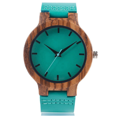 Wooden Watch, Spring Decoration Wood Watches, Handmade Green Genuine Leather Band Strap