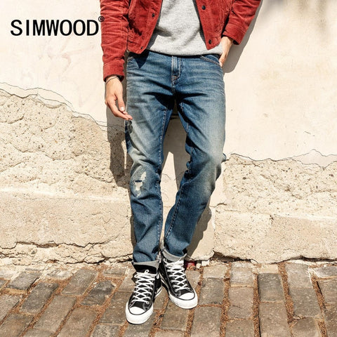 SIMWOOD 2019 Brand Jeans Men Fashion Ripped Dark Wash Slim Fit Denim Trousers Plus Size Skinny Jeans Men High Quality 180338