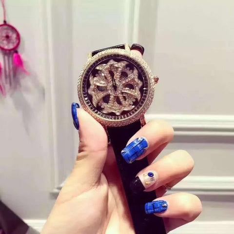 Top Brand Luxury Women's Leather Watch Rhinestone Ladies Watches Stylish Women's Quarzt Wristwatch Crystal Rotation Dial Clock