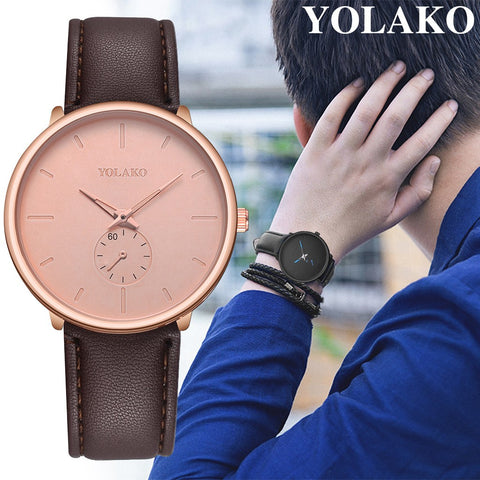 YOLAKO Men's Luxurious Business Leather Belt Watch Simple Mirror Quartz Watch